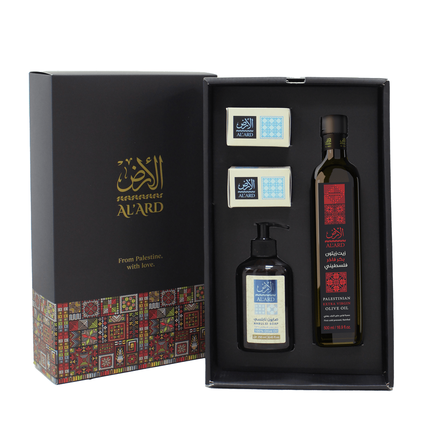 Al'ard USA Al'Ard Premium Gift - Extra Virgin Olive Oil - 500ml + Nabulsi Olive Oil Soap bar 150g + Nabulsi Olive Oil Liquid Soap 250ml