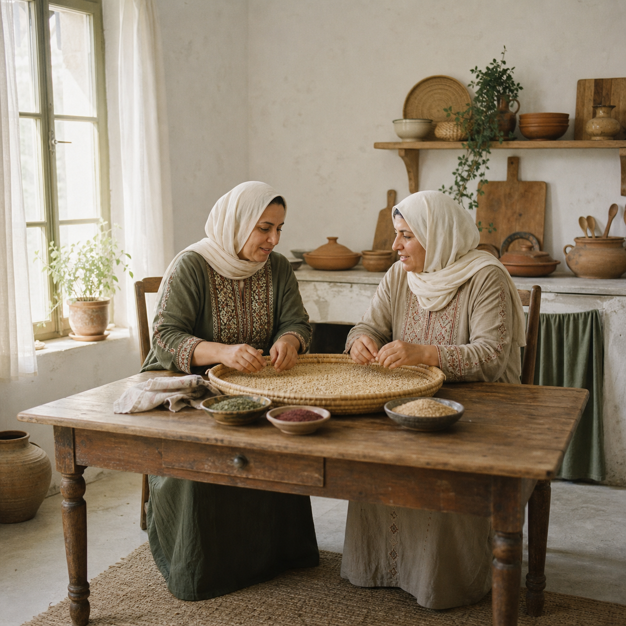 Palestinian women preparing traditional food together