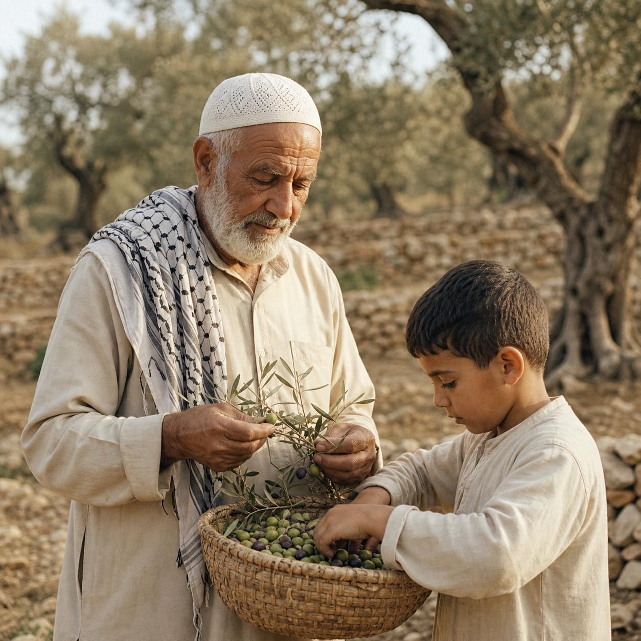 A Palestinian farmer sharing agricultural knowledge with a child