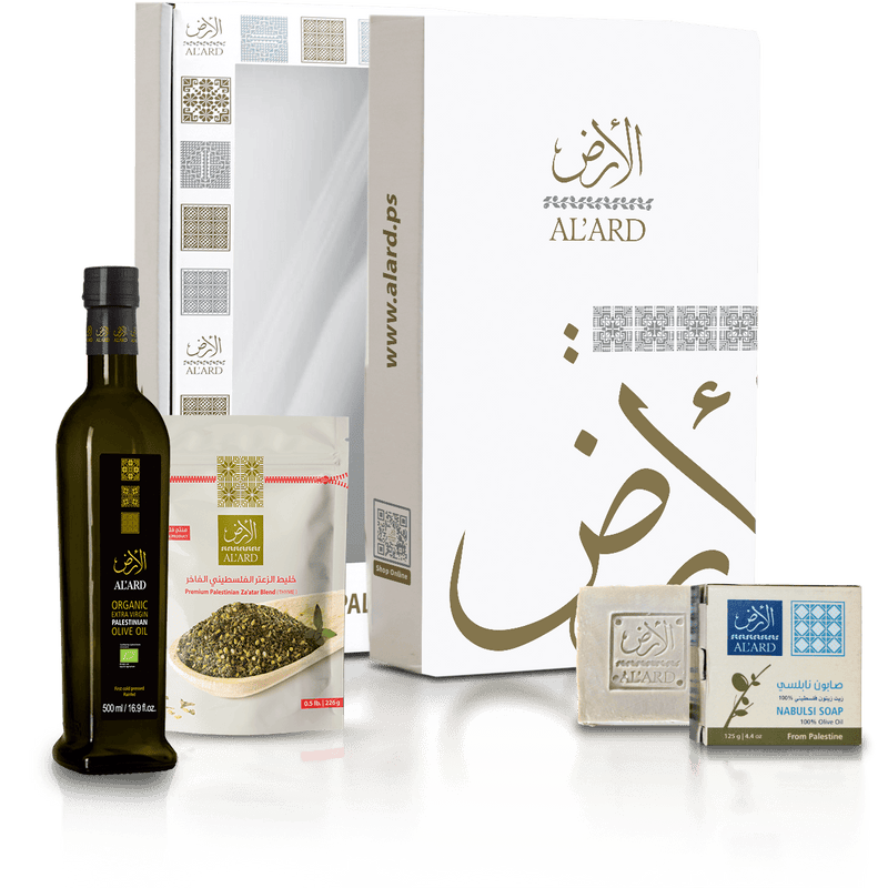 Al'ard Products Al'ard Gift Box ( Organic Extra Virgin Olive Oil 500ml+ Premium Nabulsi Soap 125g + Premium Za'atar Blend 0.5lb)