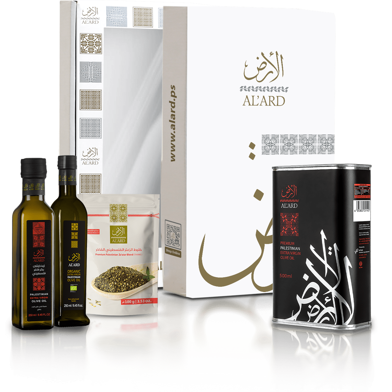 Al'ard USA Al'Ard Gift Box ( Extra Virgin Olive Oil - 250mL/8.45fl oz + Organic Extra Virgin - 250mL/8.45fl oz + Premium Za'atar Blend - 100g/3.5oz  +  Premium Extra Virgin - 500mL/16.9fl oz )