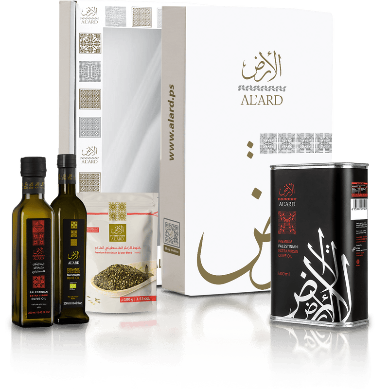 Al'ard USA Al'Ard Gift Box ( Extra Virgin Olive Oil - 250mL/8.45fl oz + Organic Extra Virgin - 250mL/8.45fl oz + Premium Za'atar Blend - 100g/3.5oz  +  Premium Extra Virgin - 500mL/16.9fl oz )