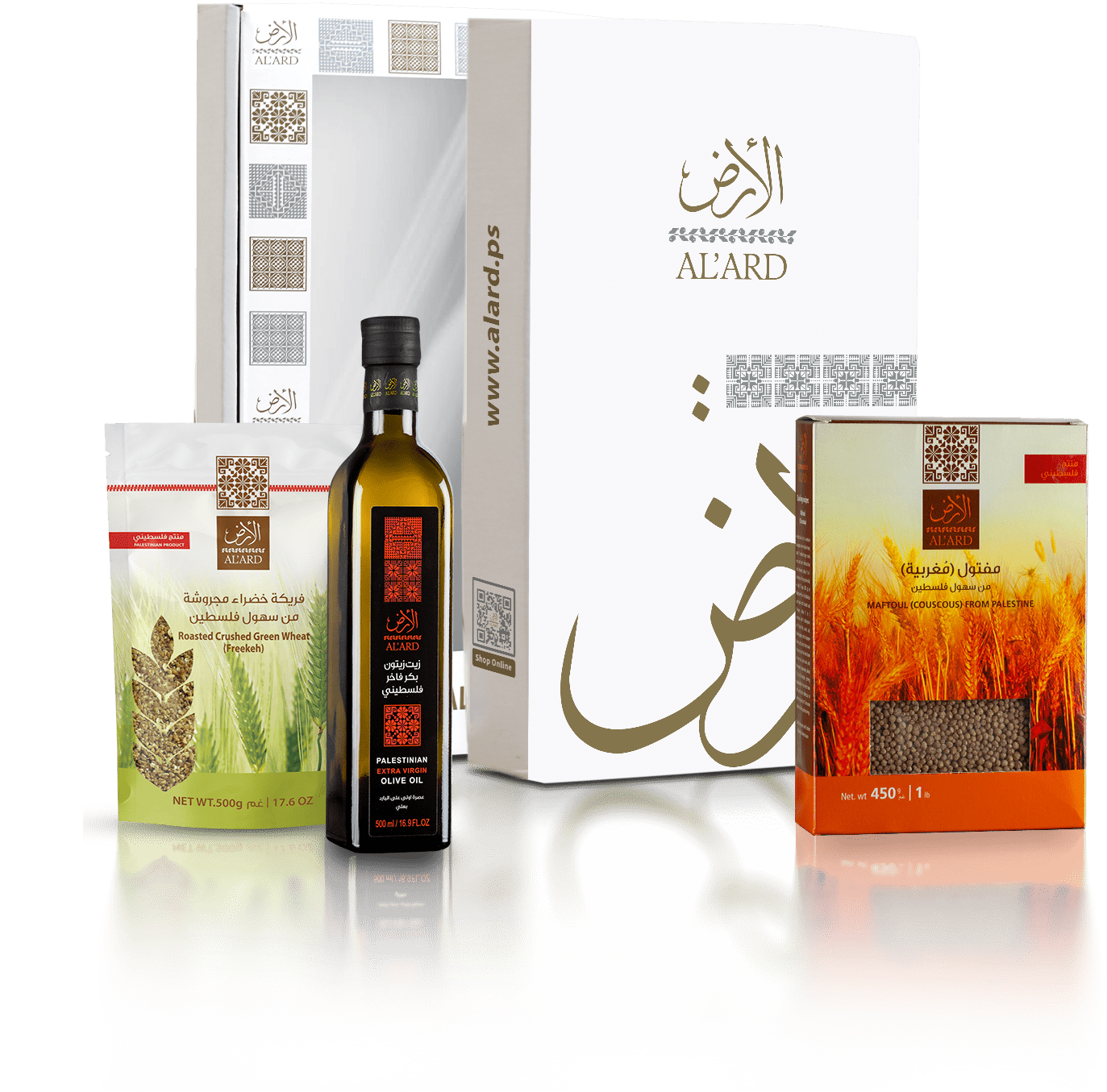 Al'ard USA Al'Ard Gift Box ( Extra Virgin Olive Oil - 500mL/16.9fl oz + Coarse Crushed Green Freekeh - 500g/17.6oz + Maftoul (Couscous) 450g )