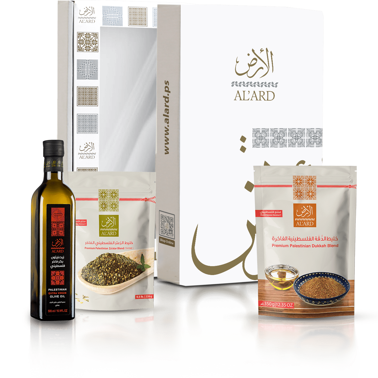 Al'Ard Gift Box ( Extra Virgin Olive Oil - 500mL/16.9fl oz + Premium Za'atar Blend - 0.5lb/8oz + Dukkah Blend 350g/12.35oz )