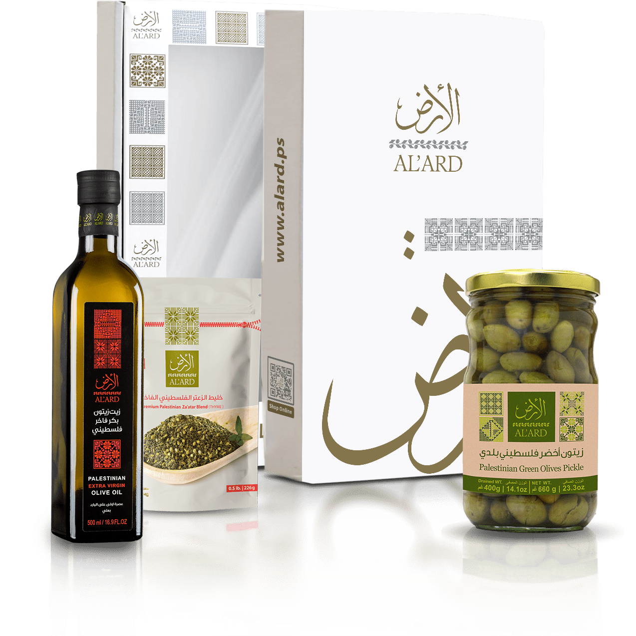 Al'Ard Gift Box ( Extra Virgin Olive Oil - 500mL/16.9fl oz + Premium Za'atar Blend - 0.5lbs + Green Olives Pickle - Drained WT 220g/14.1oz )