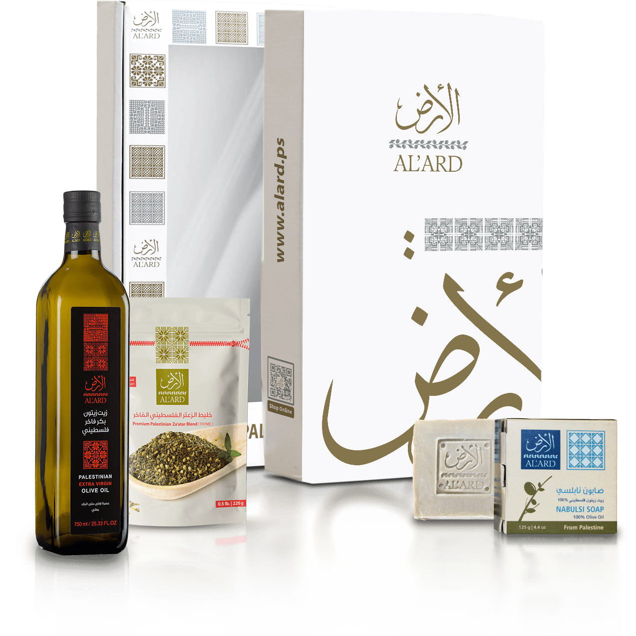 Al'ard USA Al'Ard Gift Box ( Extra Virgin Olive Oil - 750mL/25.33fl oz + Premium Za'atar Blend - 0.5lb/8oz + Premium Nabulsi Soap - 125g/4.4oz )