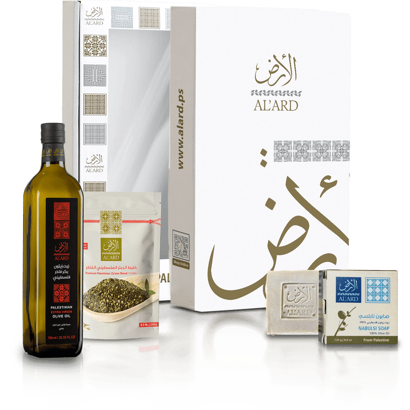 Al'ard USA Al'Ard Gift Box ( Extra Virgin Olive Oil - 750mL/25.33fl oz + Premium Za'atar Blend - 0.5lb/8oz + Premium Nabulsi Soap - 125g/4.4oz )