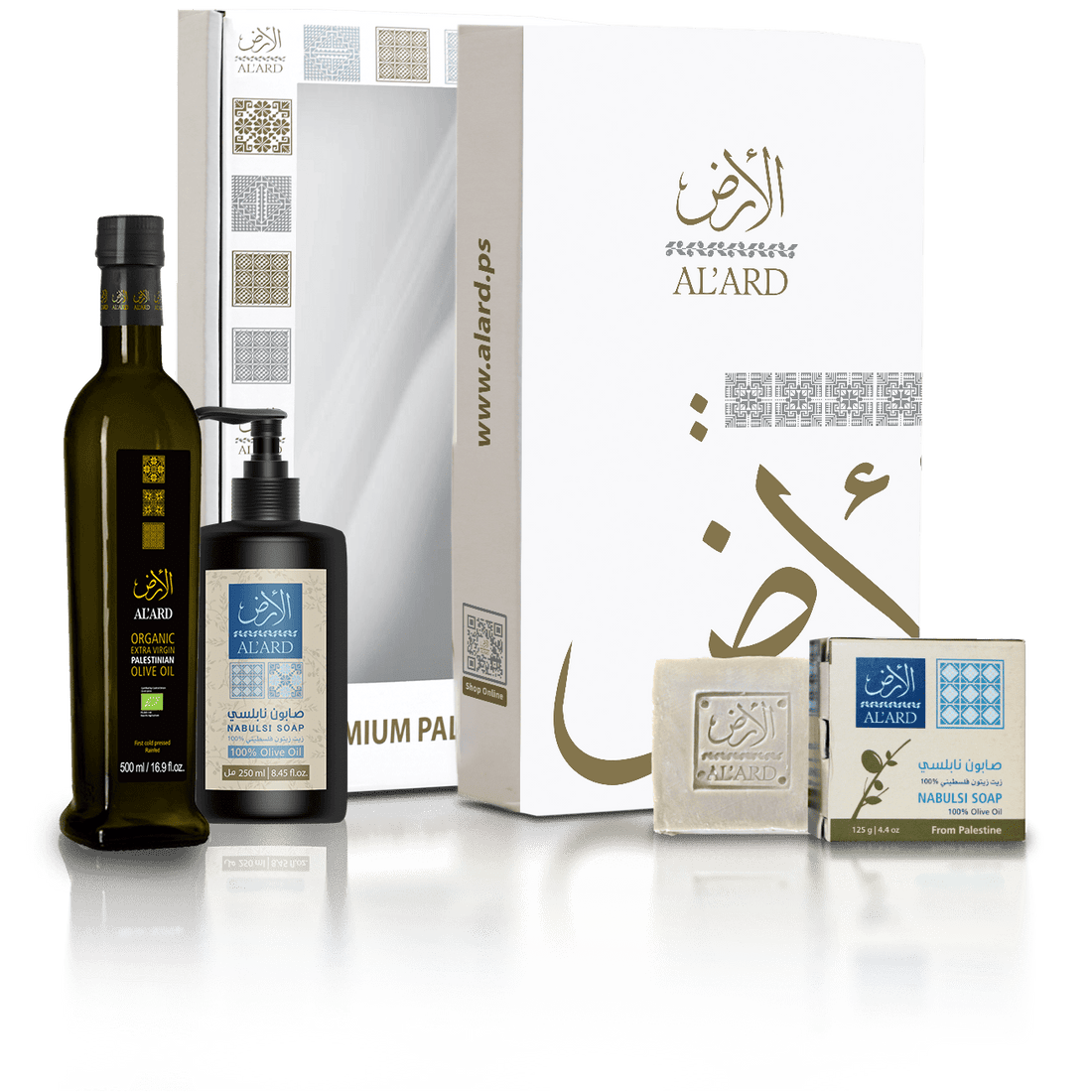 Al'ard USA Al'ard Gift Box ( Organic Extra Virgin 500mL/16.9fl oz + Olive Oil Liquid Soap 250mL/8.45fl oz + Premium Nabulsi Soap 125g/4.4oz )