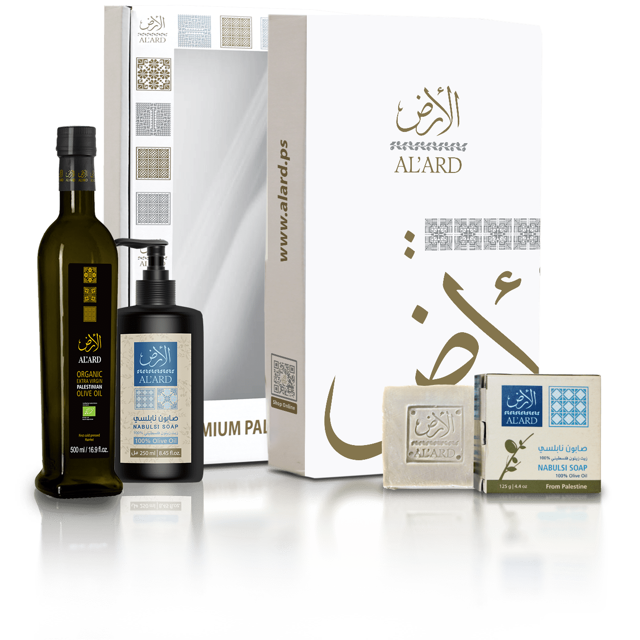 Al'ard USA Al'ard Gift Box ( Organic Extra Virgin 500mL/16.9fl oz + Olive Oil Liquid Soap 250mL/8.45fl oz + Premium Nabulsi Soap 125g/4.4oz )