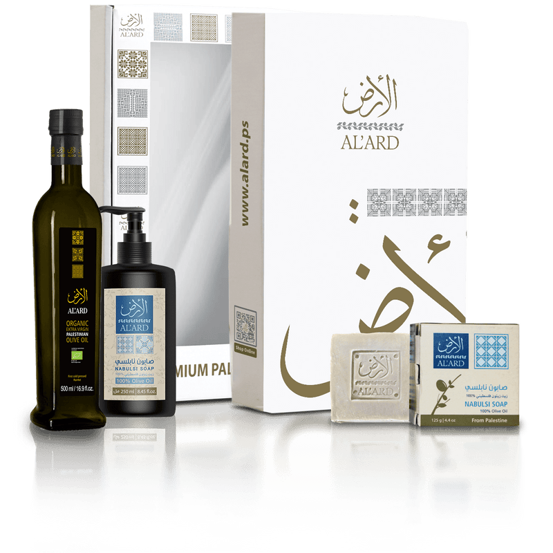Al'Ard Gift Box ( Organic Extra Virgin - 500mL/16.9fl oz + Olive Oil Liquid Soap - 250mL/8.45fl oz + Premium Nabulsi Soap - 125g/4.4oz )