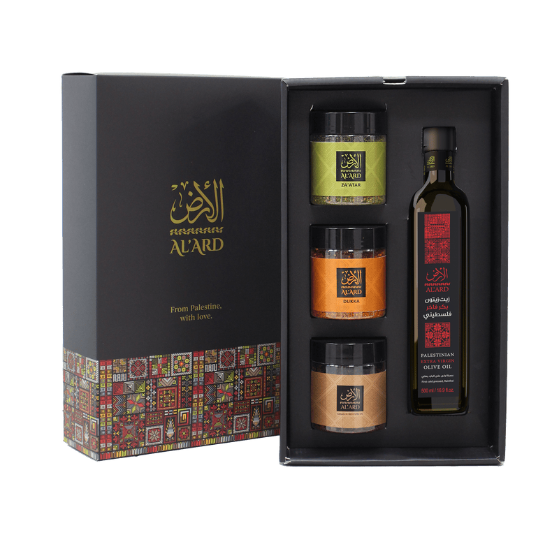Al'Ard  Premium Gift - Extra Virgin Olive Oil - 500ml + Premium Za'atar 150g + Dukkah Blend 150g + Maqlobah Spices mix 120g