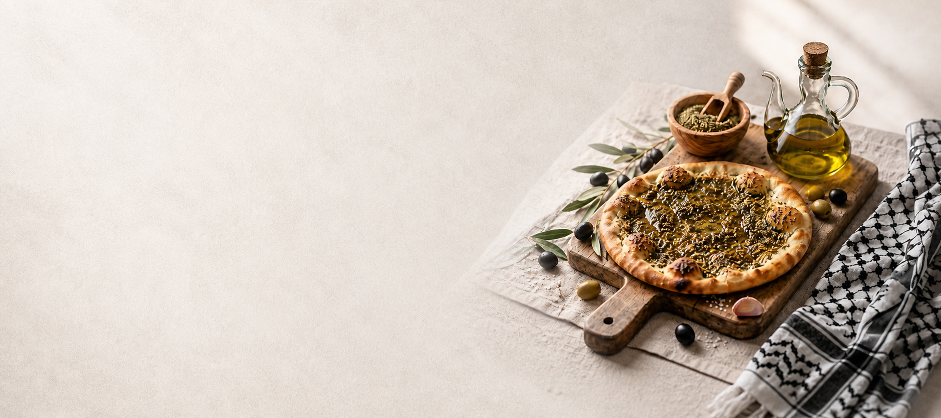 Palestinian za’atar flatbread, olive oil and kufiya