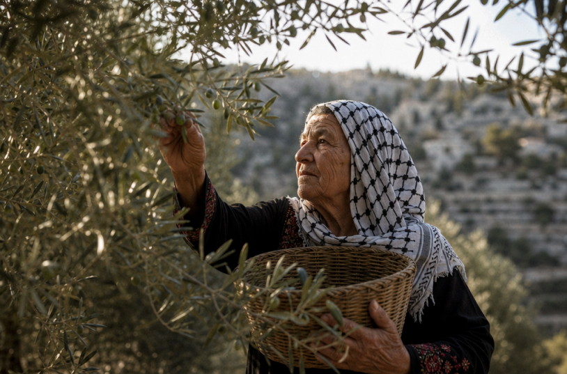 A Palestinian olive farmer harvesting olives by hand in Burqin, Jenin